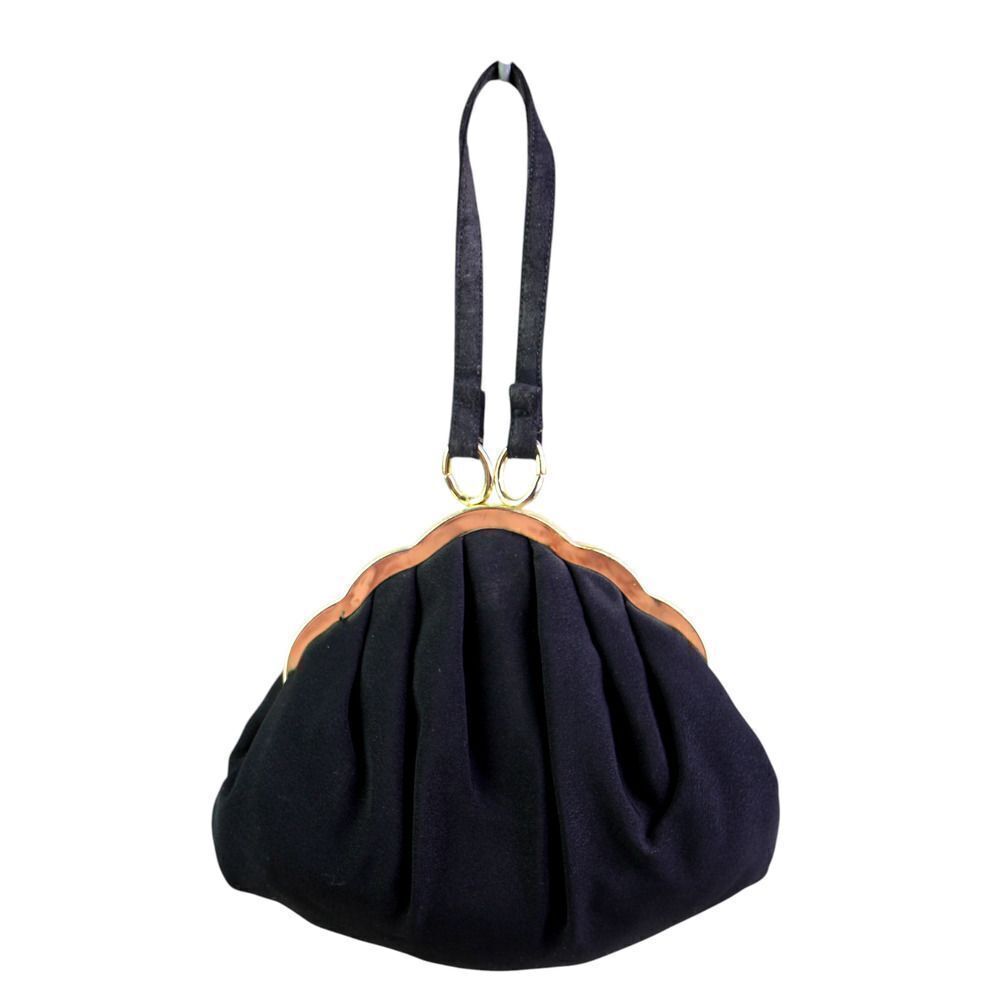 VTG HL USA BLACK CANVAS TOP HANDLE FRAME KISS LOCK SMALL SATCHEL HANDBAG PURSE